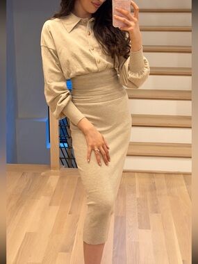 Commense Beige High-Waist Pencil Midi Skirt